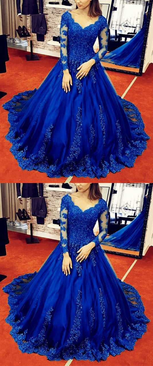 Stunning Royal Blue Lace Long Sleeves Ball Gown Prom Dresses For Wedding Party    cg22104