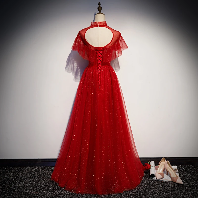 Red Sequins Tulle High Neckline Long Shiny Prom Dress, Red Long Evening Dress Party Dress    cg22117