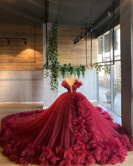 Burgundy Ruffles Wedding Dresses Tulle Skirt Ball Gown Sexy Plunge V-Neck Bridal Wedding Prom Gowns   cg22149