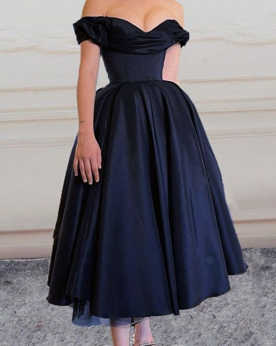 Vintage Satin Bridesmaid Dresses Tea Length Off The Shoulder prom dress, evening dress    cg22151
