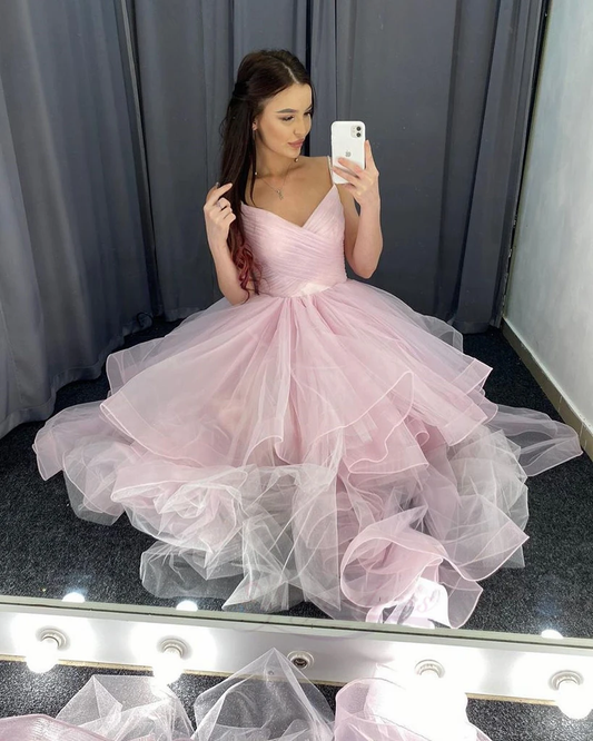 Pink Straps V-Neckline Tulle Long Layers Prom Dresses Party Dress, Pink Tulle Formal Dress   cg22169