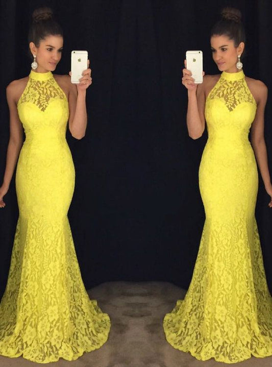 Halter Lace Evening Dresses Yellow Lace Dresses Evening Prom Dresses Formal Evening Gowns    cg22179