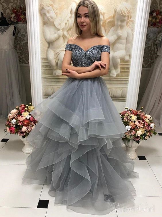 Ball Gown Off The Shoulder Grey Prom Dresses Floor Length Formal Prom Dresses     cg22186