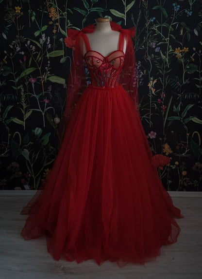 Red Velvet Prom Dress Tulle Evening Gowns   cg22188