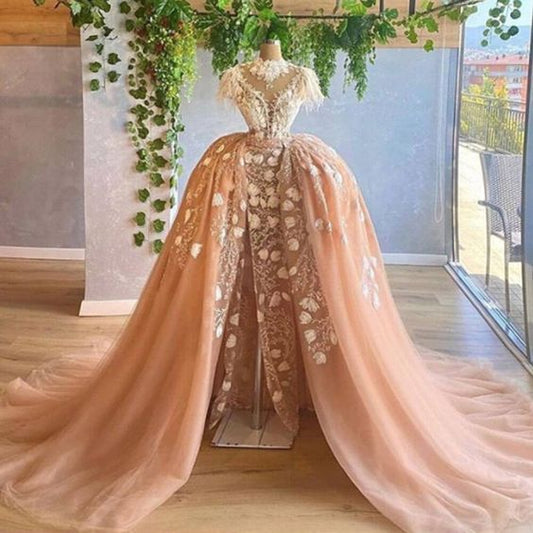 Prom Dresses Champagne High Neck Hand Made Flowers Lace Applique Flowers Long Evening Gowns   cg22190