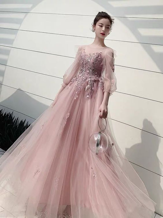 Long sleeve evening dress, fairy dream pink party Long prom Dress   cg22196