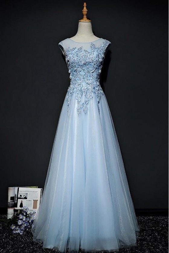 Sky Blue A Line Long Tulle Prom Dress With Lace Cap Sleeves   cg22213