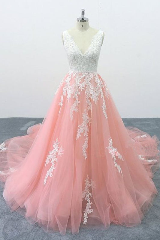 Peach Pink Tulle Cathedral Train Lace Wedding Dress, Formal Halter Prom Dress cg2222