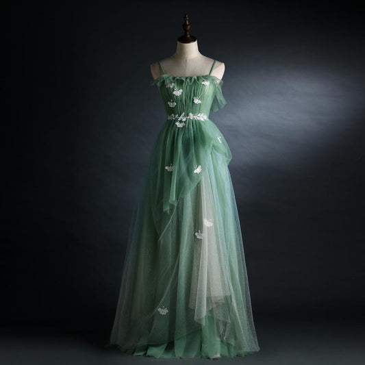 Light Green Straps Tulle Floor Length A-Line Prom Dress, Tulle Scoop Party Dress Formal Dress   cg22222