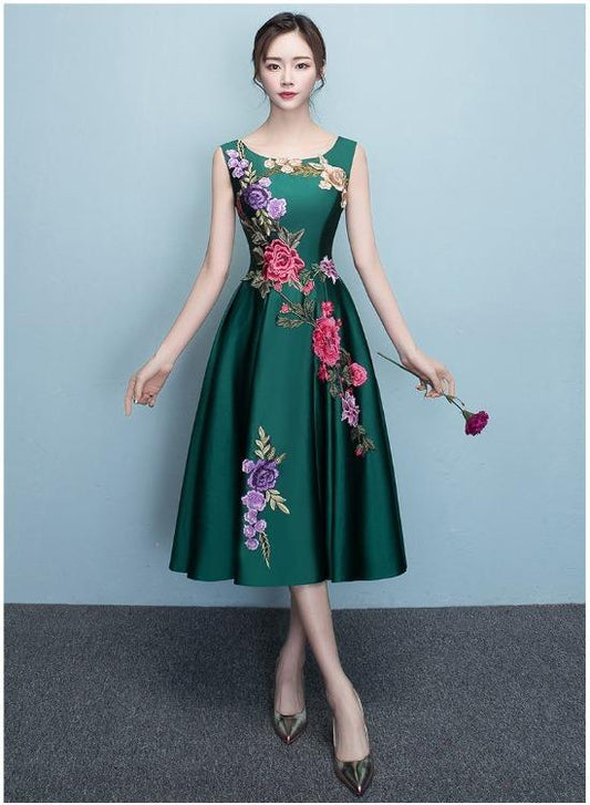 Lovely Dark Green Tea Length Simple Satin Bridesmaid Dress Prom Dress    cg22223