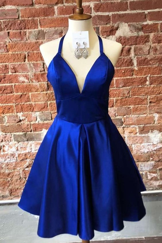 Simple Halter Royal Blue Short Homecoming Dress    cg22224