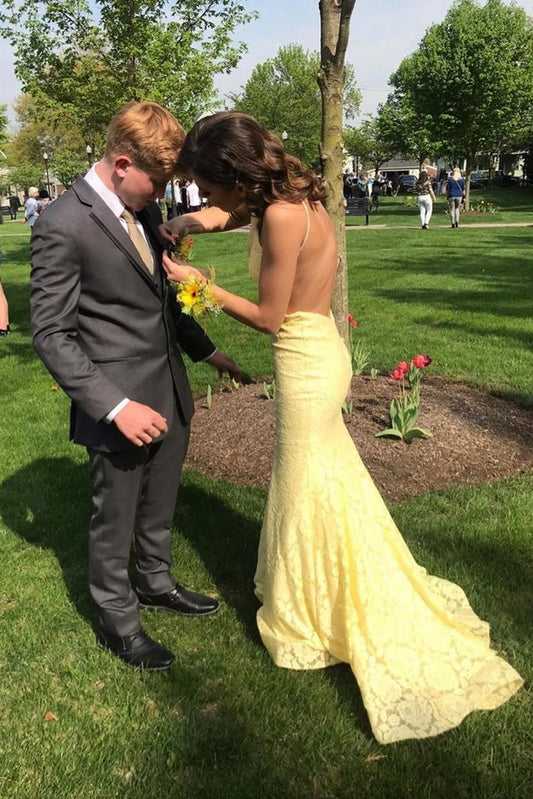 Slash Neck Two Piece Lace Mermaid Yellow Prom Dresses    cg22239