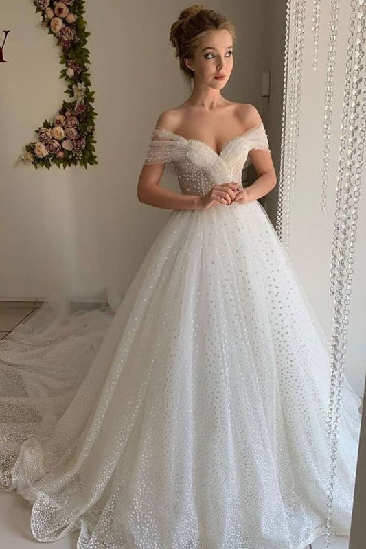 sparkly wedding dresses, off shoulder wedding dresses, ball gown prom dress,custom made    cg22243