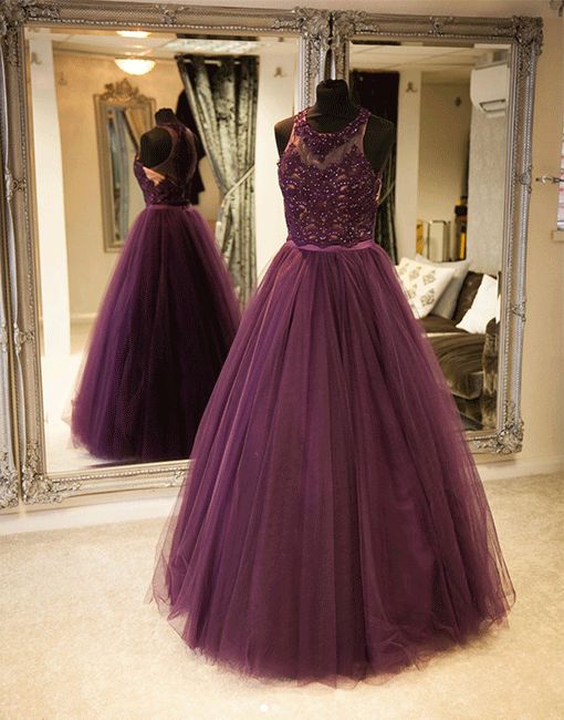 Purple tulle lace long prom dress, purple evening dress    cg22249