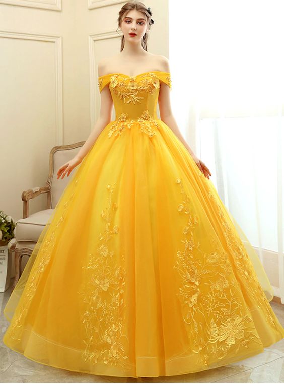 Yellow Tulle Off the Shoulder Appliques Quinceanera Dress prom dress, evening dress    cg22252