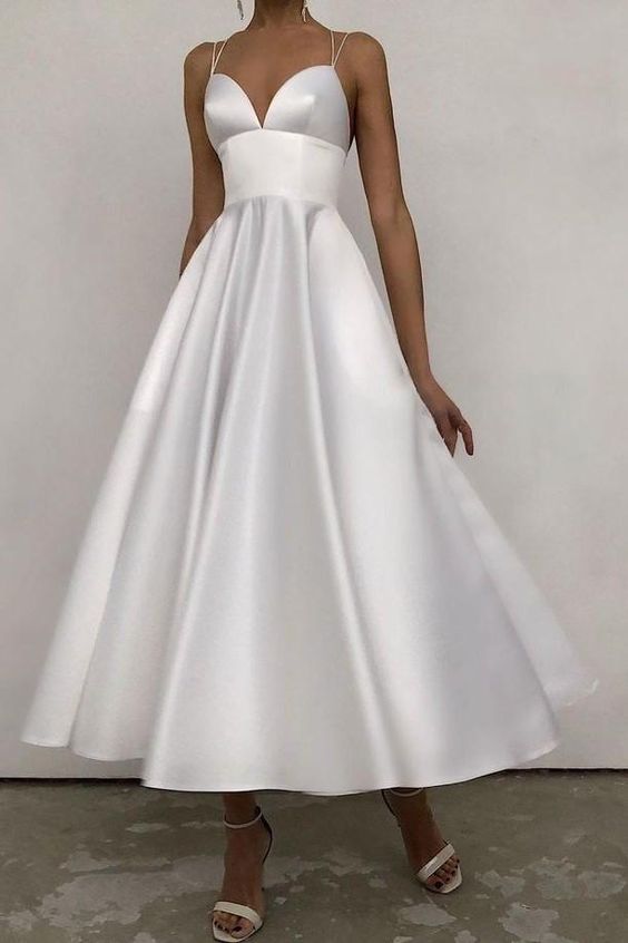 A-line Tea-Length White Wedding Gown with Straps Back Prom Party Dress     cg22259