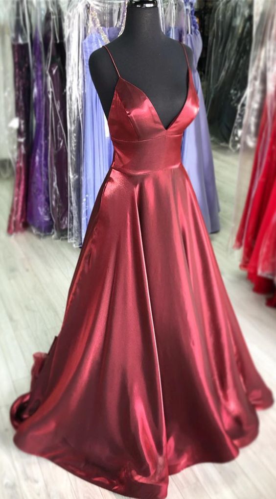Spaghetti Straps V Neck Long Prom Dress Burgundy Formal Evening Gown cg2226