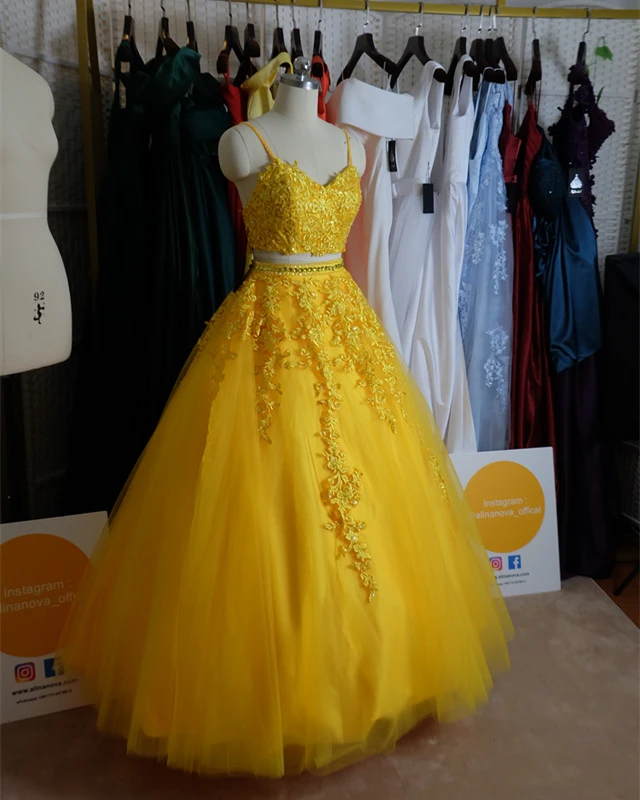 Beautiful Yellow Tulle Sweet 16 Dresses, Ball Gown 2 Pieces Evening Dress, Formal Dress prom dress evening dress    cg22266