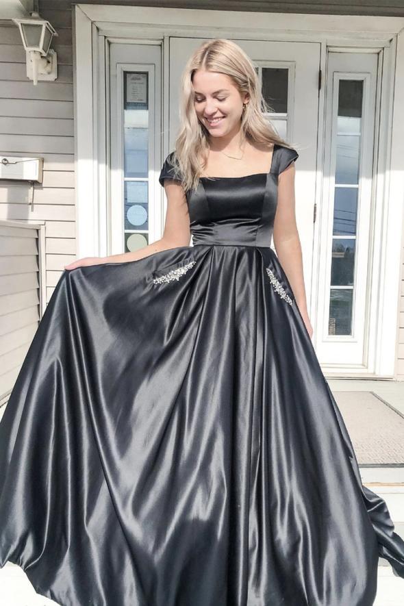 Black satin long A line prom dress evening dress    cg22275