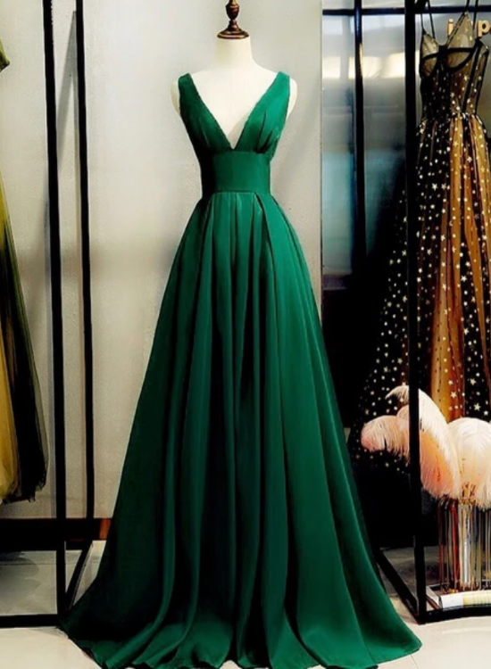 Green Satin V-Neckline Low Back Floor Length Prom Dress Evening Dress, Green Party Dress Formal Dress   cg22276