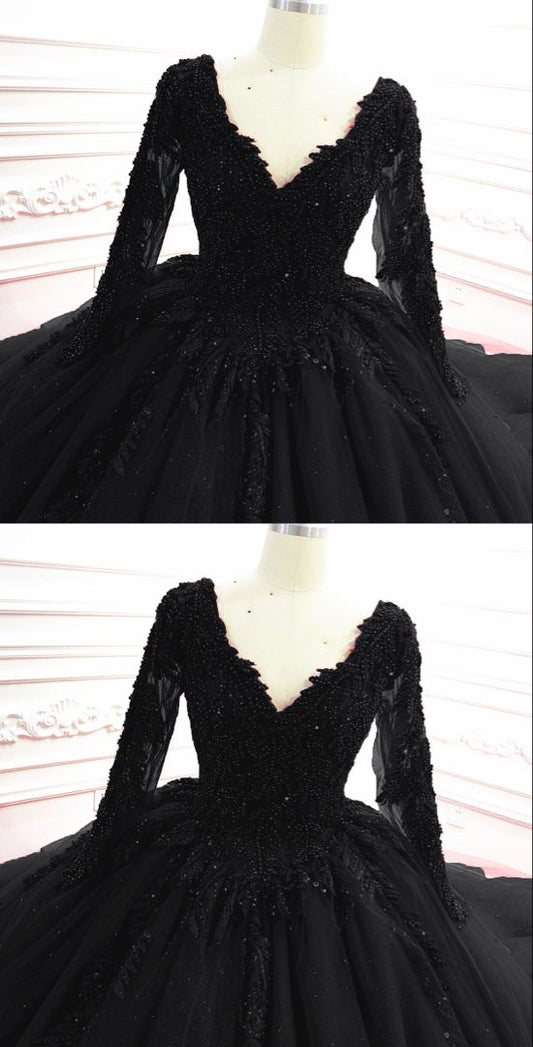 Gothic Black Wedding Dresses With Sleeves Prom Dresses     cg22356