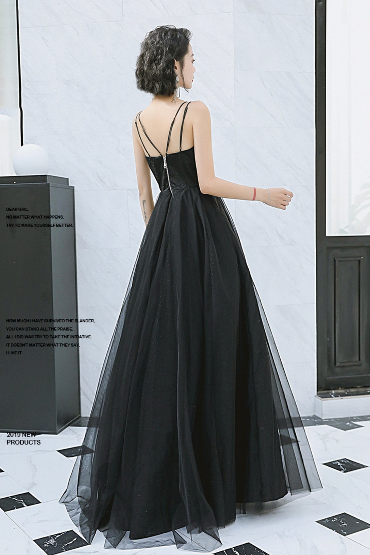 BLACK TULLE LONG A LINE PROM DRESS EVENING DRESS    cg22361