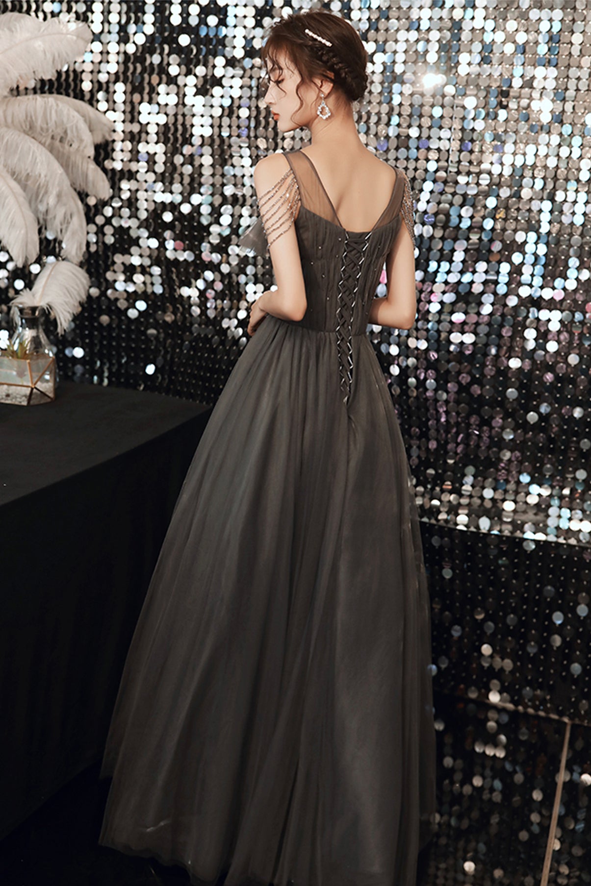 GRAY TULLE LONG A LINE PROM DRESS EVENING DRESS    cg22362