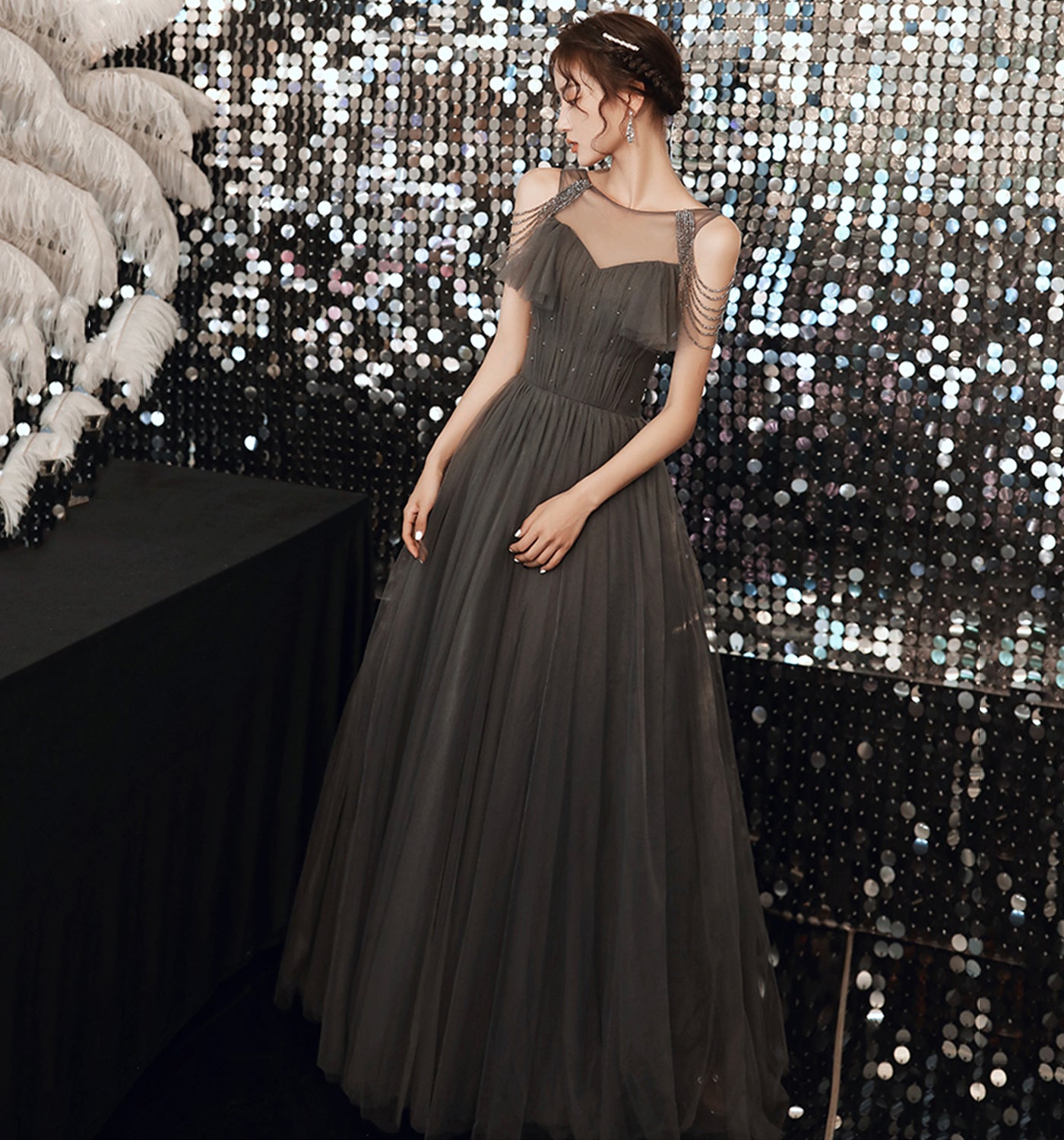 GRAY TULLE LONG A LINE PROM DRESS EVENING DRESS    cg22362