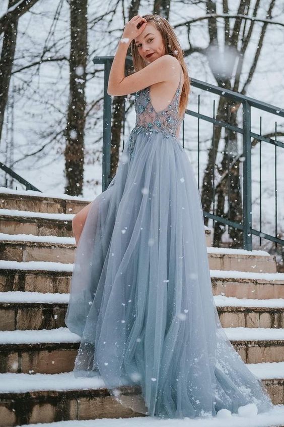 Elegant elegant misty blue long formal dress features with spaghetti straps prom gowns      cg22365