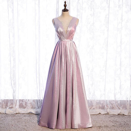 Pink Satin V-Neckline Shiny A-Line Party Dress Prom Dress, Pink Long Formal Dress Bridesmaid Dress    cg22374