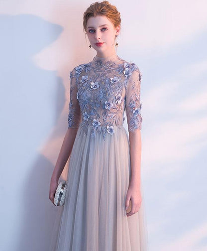 Light Grey Tulle Long Lace Applique Flowers Wedding Party Dresses, A-Line Tulle Evening Dress Prom Dress   cg22376