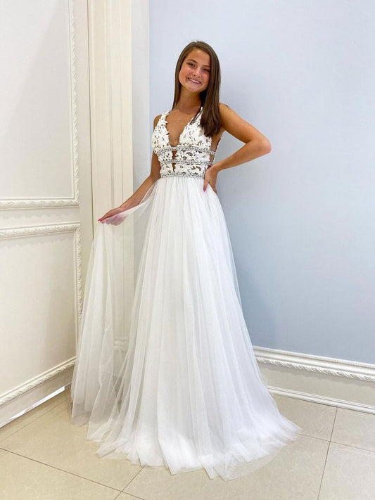 WHITE V NECK TULLE LACE LONG PROM DRESS WHITE LACE FORMAL DRESS    cg22381