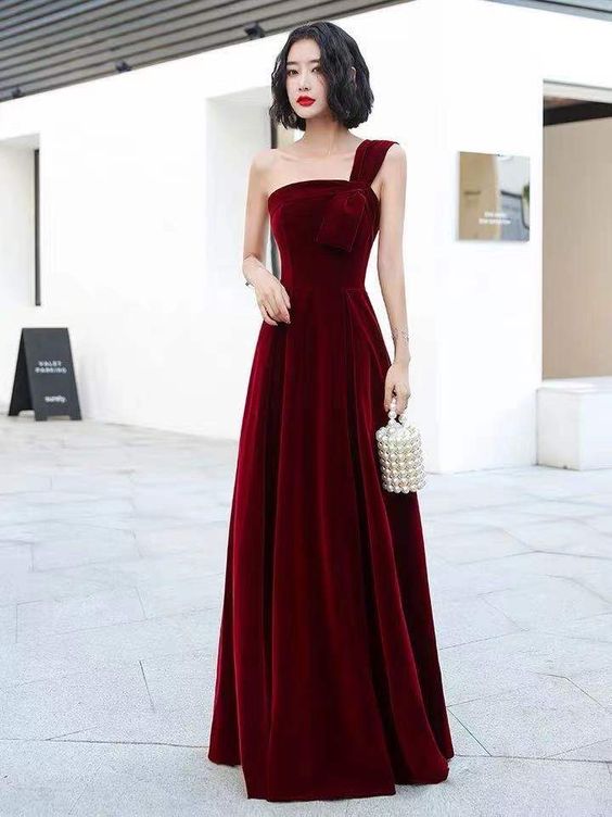 Wine Red One Shoulder Prom Dress , Velet Prom Dress     cg22391