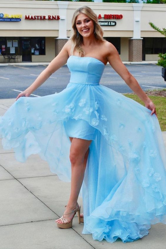 princess strapless blue long prom dress with flowers hi-low long formal dress    cg22396