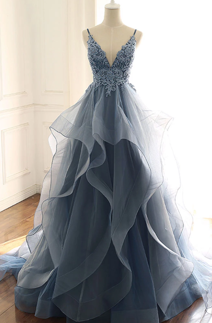 Blue v neck lace tulle long prom dress, evening dress cg2240