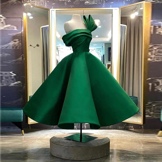 New Design Saudi Arabia Evening Dresses Green Satin Pleats Puffy Short Prom Gowns    cg22402