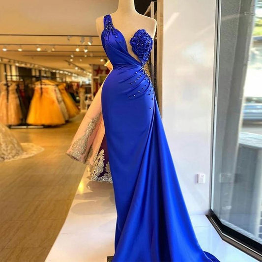 Royal Blue Mermaid Evening Dresses One Shoulder Ruched Prom Gowns    cg22404