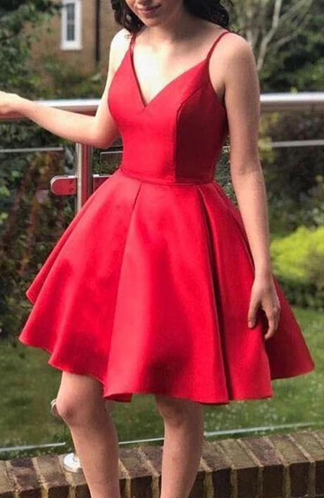 Red v neck satin short dress, homecoming dress cg2241