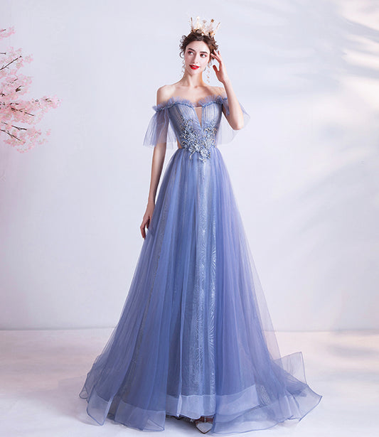 BLUE TULLE LACE LONG A LINE PROM DRESS EVENING DRESS    cg22410