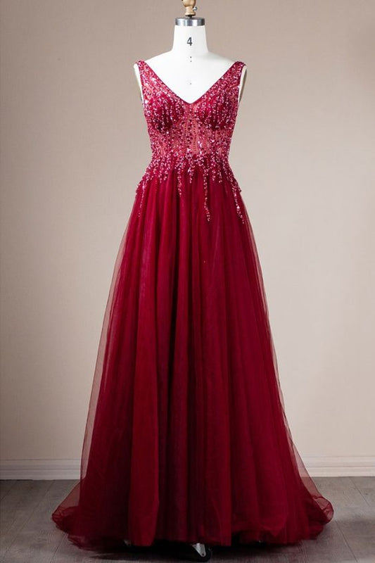 gorgeous A-line burgundy tulle long formal dress evening prom dress    cg22412