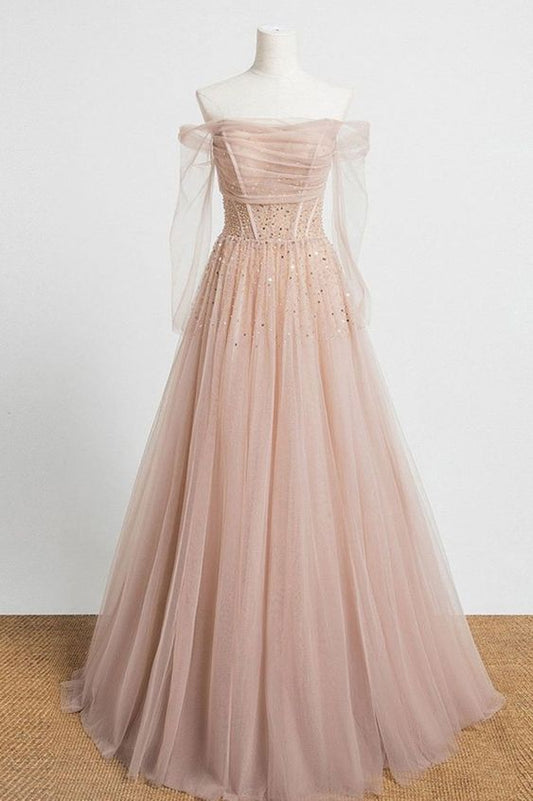 stunning long sleeves nude pink long formal dress prom dress   cg22413