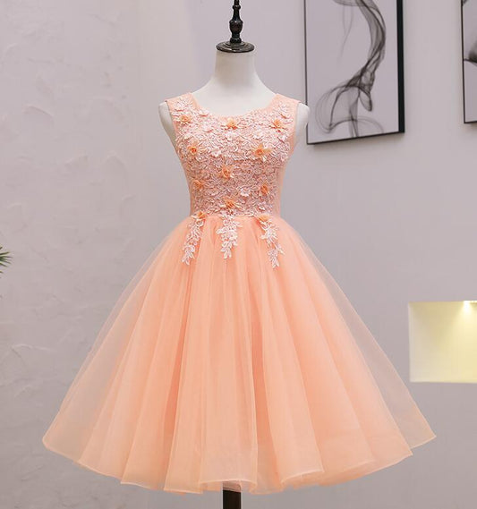 Cute Pink Flowers And Lace Applique Round Neckline Party Dress, Pink Homecoming Dress   cg22425