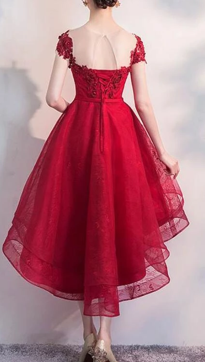 Beautiful Red Cap Sleeves High Waist Party Dress, Red Homecoming Dress cg2244