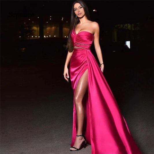 Beaded One Shoulder Dubai Prom Dresses Pleats High Split Long Evening Dress     cg22443