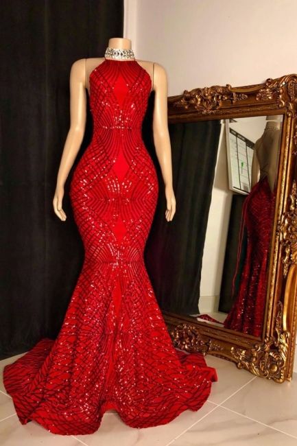 Halter Sleeveless Red Long Sequin Trumpet Prom Dresses   cg22450