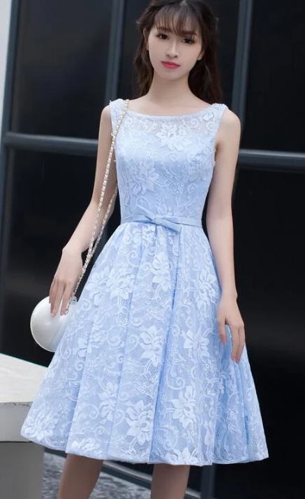 Light Blue Lace Knee Length Round Neckline Party Dress, Charming Blue homecoming Dress cg2246