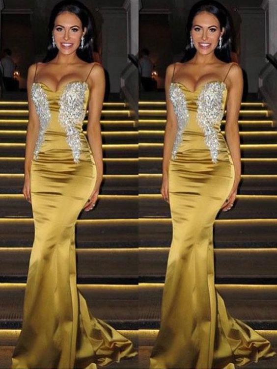 Mermaid Sleeveless Spaghetti Straps Sweep/Brush Train With Beading Satin Prom Dresses      cg22478