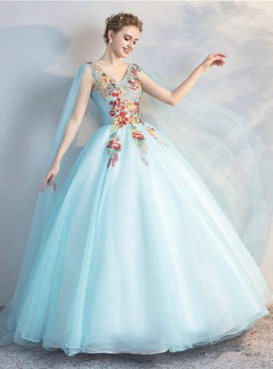 Blue Tulle V-neck Embroidery Appliques Quinceanera Dress Prom Dresses   cg22499