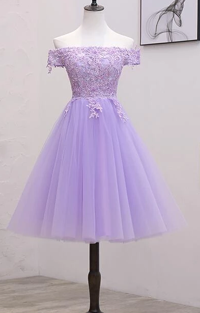 Light Purple Lace And Tulle Off The Shoulder Homecoming Dress, Short Party Dress cg2250