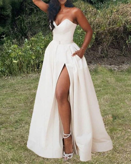 Simple Wedding Dress Satin Split prom dress With Pockets     cg22502